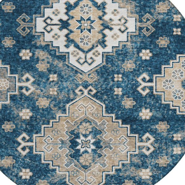 HomeRoots 5' Stylish Navy Blue Medallion Washable Area Rug for Indoor and Outdoor Living Spaces, Durable Design 8' Round 589010