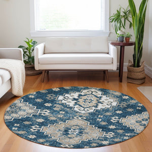 HomeRoots 5' Stylish Navy Blue Medallion Washable Area Rug for Indoor and Outdoor Living Spaces, Durable Design 8' Round 589010