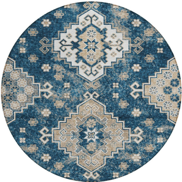 HomeRoots 5' Stylish Navy Blue Medallion Washable Area Rug for Indoor and Outdoor Living Spaces, Durable Design 8' Round 589010
