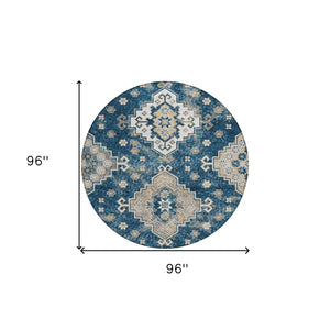 HomeRoots 5' Stylish Navy Blue Medallion Washable Area Rug for Indoor and Outdoor Living Spaces, Durable Design 8' Round 589010