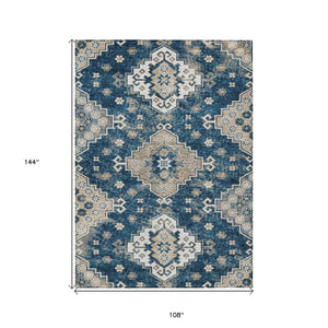 HomeRoots 9' Navy Blue Beige Ivory Medallion Area Rug - Durable, Washable Design for Indoor & Outdoor Spaces 9' X 12' 589012