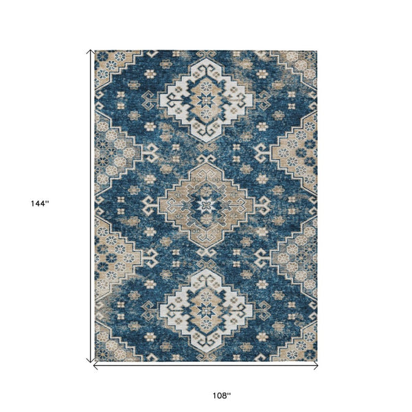 HomeRoots 9' Navy Blue Beige Ivory Medallion Area Rug - Durable, Washable Design for Indoor & Outdoor Spaces 9' X 12' 589012