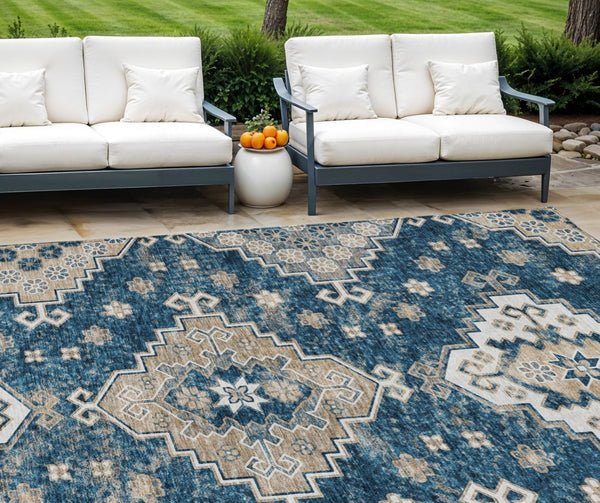 HomeRoots 9' Navy Blue Beige Ivory Medallion Area Rug - Durable, Washable Design for Indoor & Outdoor Spaces 9' X 12' 589012
