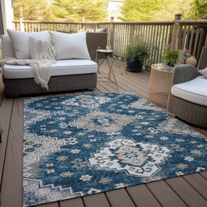 HomeRoots 9' Navy Blue Beige Ivory Medallion Area Rug - Durable, Washable Design for Indoor & Outdoor Spaces 9' X 12' 589012