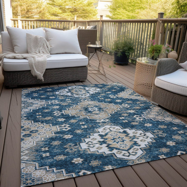 HomeRoots 9' Navy Blue Beige Ivory Medallion Area Rug - Durable, Washable Design for Indoor & Outdoor Spaces 9' X 12' 589012