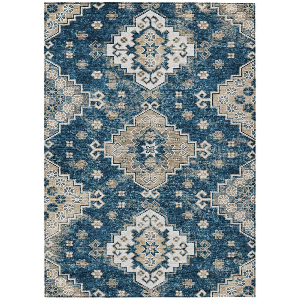 HomeRoots 9' Navy Blue Beige Ivory Medallion Area Rug - Durable, Washable Design for Indoor & Outdoor Spaces 9' X 12' 589012