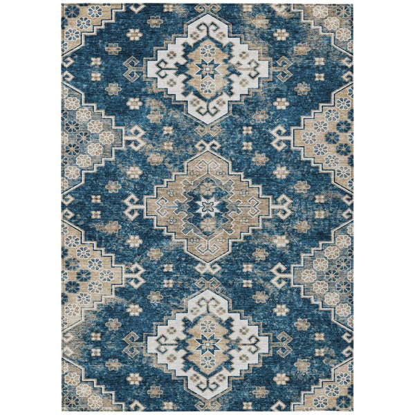 HomeRoots 9' Navy Blue Beige Ivory Medallion Area Rug - Durable, Washable Design for Indoor & Outdoor Spaces 9' X 12' 589012