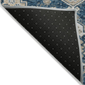 HomeRoots 9' Navy Blue Beige Ivory Medallion Area Rug - Durable, Washable Design for Indoor & Outdoor Spaces 9' X 12' 589012