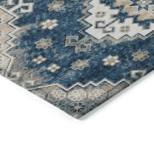 HomeRoots 9' Navy Blue Beige Ivory Medallion Area Rug - Durable, Washable Design for Indoor & Outdoor Spaces 9' X 12' 589012