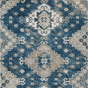 HomeRoots 9' Navy Blue Beige Ivory Medallion Area Rug - Durable, Washable Design for Indoor & Outdoor Spaces 9' X 12' 589012