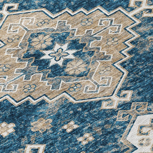 HomeRoots 9' Navy Blue Beige Ivory Medallion Area Rug - Durable, Washable Design for Indoor & Outdoor Spaces 9' X 12' 589012
