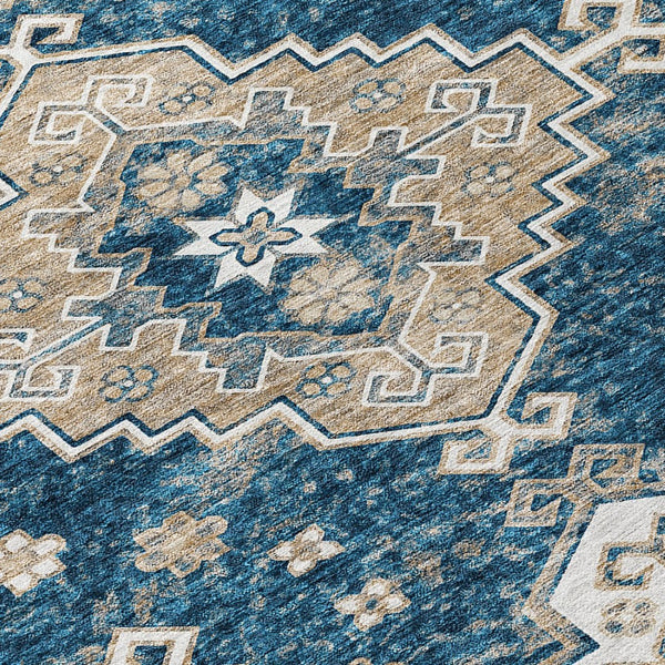 HomeRoots 9' Navy Blue Beige Ivory Medallion Area Rug - Durable, Washable Design for Indoor & Outdoor Spaces 9' X 12' 589012