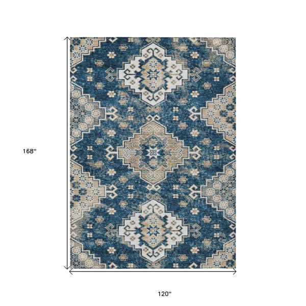 HomeRoots 5' Stylish Navy Blue Medallion Washable Area Rug for Indoor and Outdoor Living Spaces, Durable Design 10' X 14' 589013