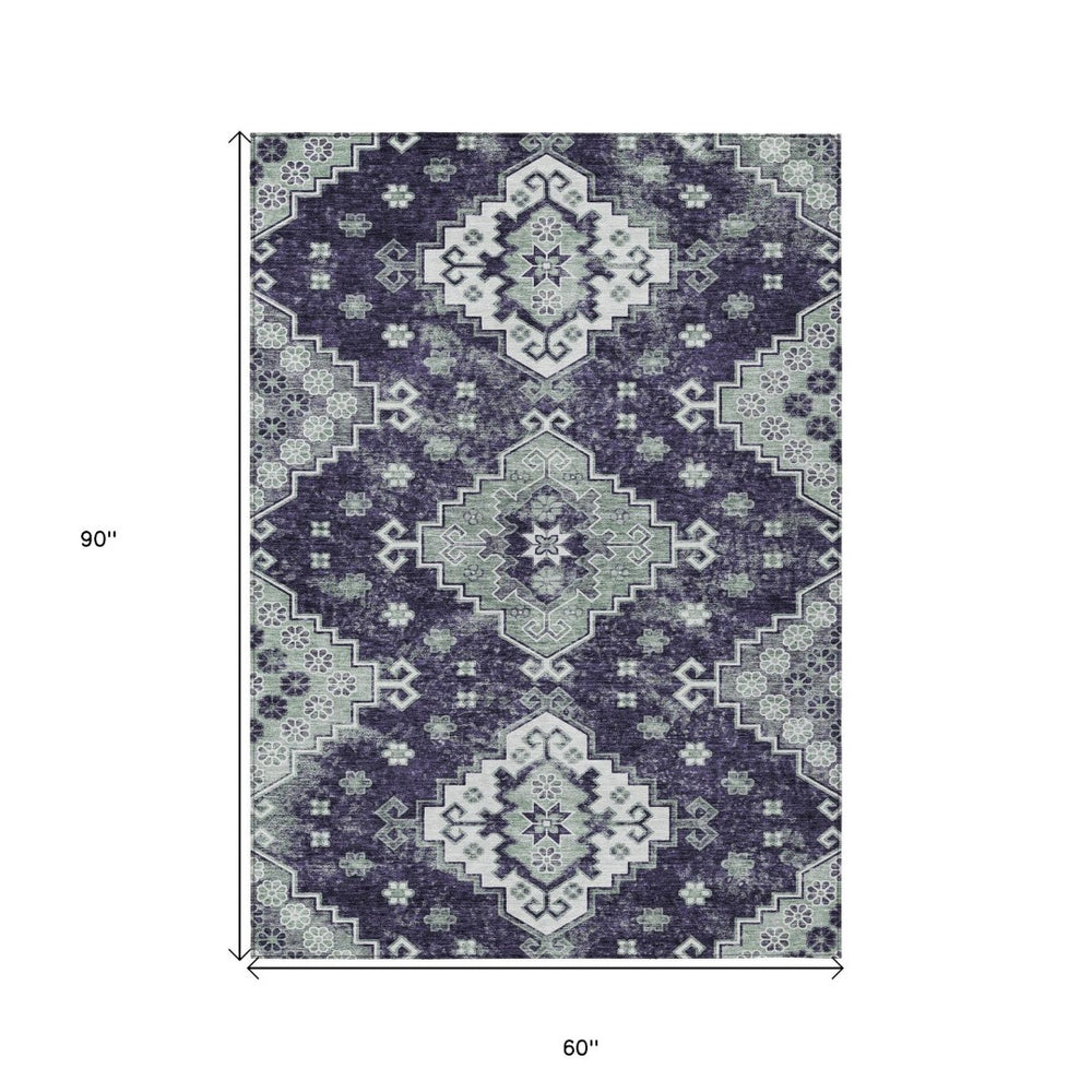 HomeRoots 5' Medallion Washable Area Rug in Eggplant and Sage – Durable, Stylish, and Versatile for Any Space 5' X 8' 589015