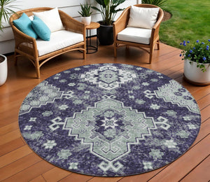 HomeRoots 5' Medallion Washable Area Rug in Eggplant and Sage – Durable, Stylish, and Versatile for Any Space 8' Round 589016