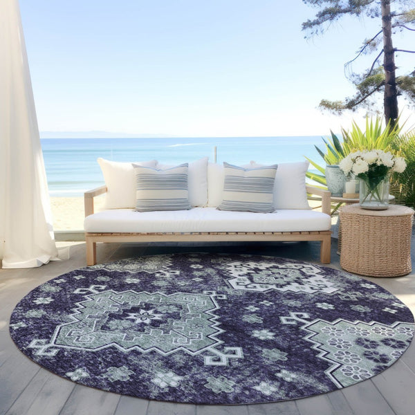 HomeRoots 5' Medallion Washable Area Rug in Eggplant and Sage – Durable, Stylish, and Versatile for Any Space 8' Round 589016