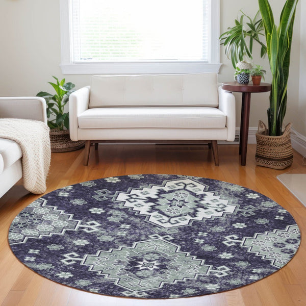 HomeRoots 5' Medallion Washable Area Rug in Eggplant and Sage – Durable, Stylish, and Versatile for Any Space 8' Round 589016