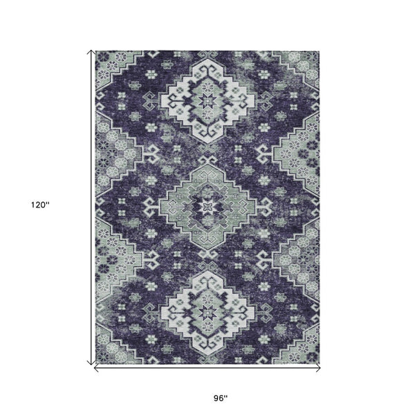 HomeRoots 5' Medallion Washable Area Rug in Eggplant and Sage – Durable, Stylish, and Versatile for Any Space 8' X 10' 589017