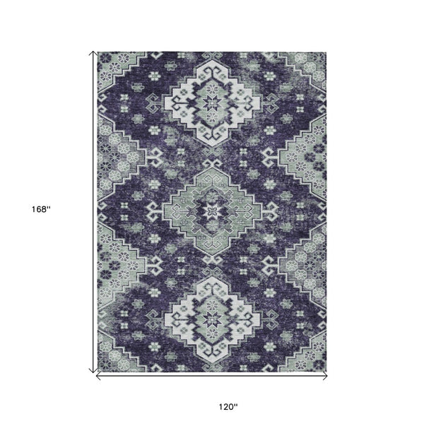 HomeRoots 5' Medallion Washable Area Rug in Eggplant and Sage – Durable, Stylish, and Versatile for Any Space 10' X 14' 589019