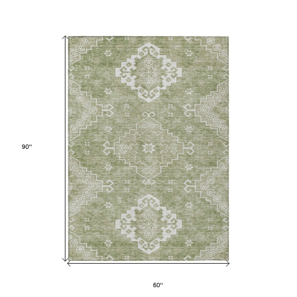 HomeRoots 5' Medallion Area Rug in Artichoke Green, Beige & Ivory - Durable, Washable for Indoor/Outdoor Use 5' X 8' 589021