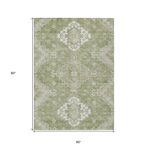 Homeroots 3'' Artichoke Green Medallion Washable Indoor Outdoor Area Rug - Stylish, Durable, And Versatile 5' X 8' Polyester 589021