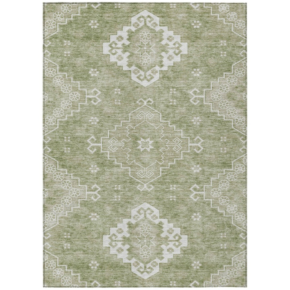 HomeRoots 5' Medallion Area Rug in Artichoke Green, Beige & Ivory - Durable, Washable for Indoor/Outdoor Use 5' X 8' 589021