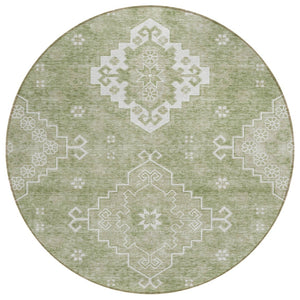 HomeRoots 5' Medallion Area Rug in Artichoke Green, Beige & Ivory - Durable, Washable for Indoor/Outdoor Use 8' Round 589022