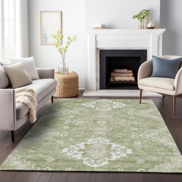 Homeroots 3'' Artichoke Green Medallion Washable Indoor Outdoor Area Rug - Stylish, Durable, And Versatile 8' X 10' Polyester 589023