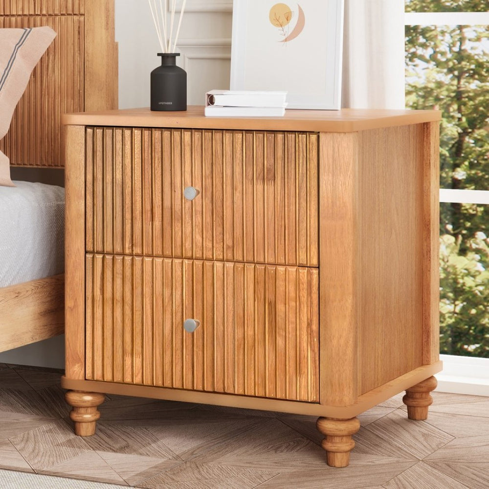English Elm Fluted Oak Nightstand with 3 Drawers Mid Century Modern Bedside Table Natural Finish W1716P409479