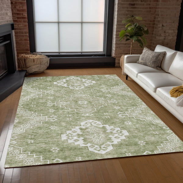 Homeroots 3'' Artichoke Green Medallion Washable Indoor Outdoor Area Rug - Stylish, Durable, And Versatile 9' X 12' Polyester 589024