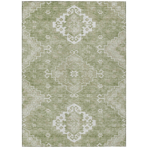 HomeRoots 5' Medallion Area Rug in Artichoke Green, Beige & Ivory - Durable, Washable for Indoor/Outdoor Use 10' X 14' 589025