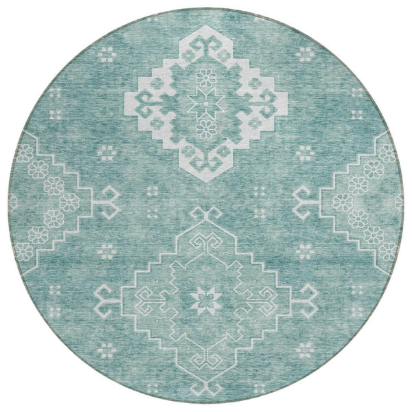 HomeRoots 5' Aqua Teal Blue and Ivory Medallion Area Rug - Durable, Washable Indoor-Outdoor Style for Any Space 8' Round 589028