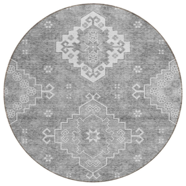 HomeRoots 5' Gray and Ivory Medallion Area Rug - Durable, Washable Design for Indoor and Outdoor Spaces 8' Round 589040