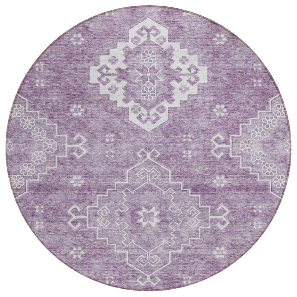 HomeRoots 5' Elegant Lavender Plum and Ivory Medallion Area Rug - Durable, Washable, Indoor/Outdoor Use 8' Round 589046