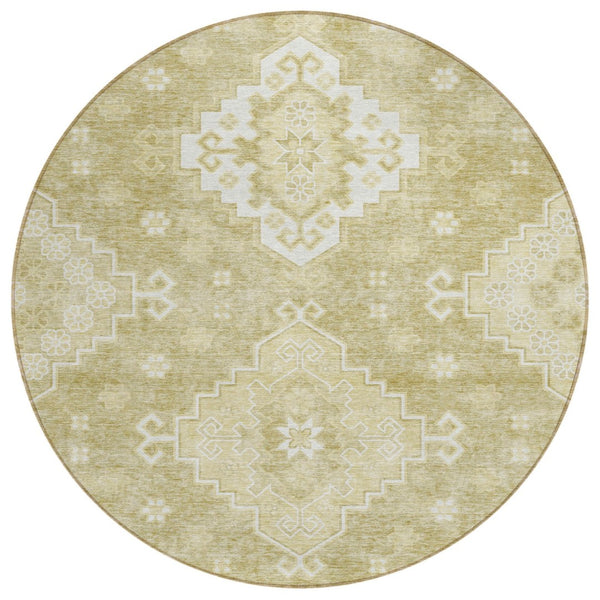 HomeRoots 5' Medallion Washable Area Rug in Wheat Gold & Ivory - Perfect for Indoor and Outdoor Spaces 8' Round 589058