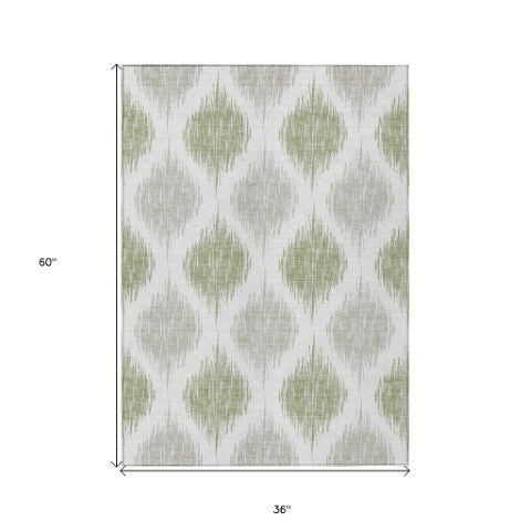 Homeroots 3' Stylish Artichoke Green Ivory Gray Ikat Washable Area Rug For Indoor Outdoor Spaces, Durable Design 3' X 5' Polyester 589062
