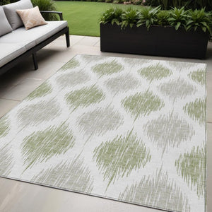 Homeroots 3' Stylish Artichoke Green Ivory Gray Ikat Washable Area Rug For Indoor Outdoor Spaces, Durable Design 5' X 8' Polyester 589063