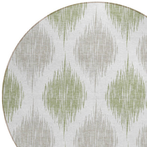 Homeroots 3' Stylish Artichoke Green Ivory Gray Ikat Washable Area Rug For Indoor Outdoor Spaces, Durable Design 8' Round Polyester 589064