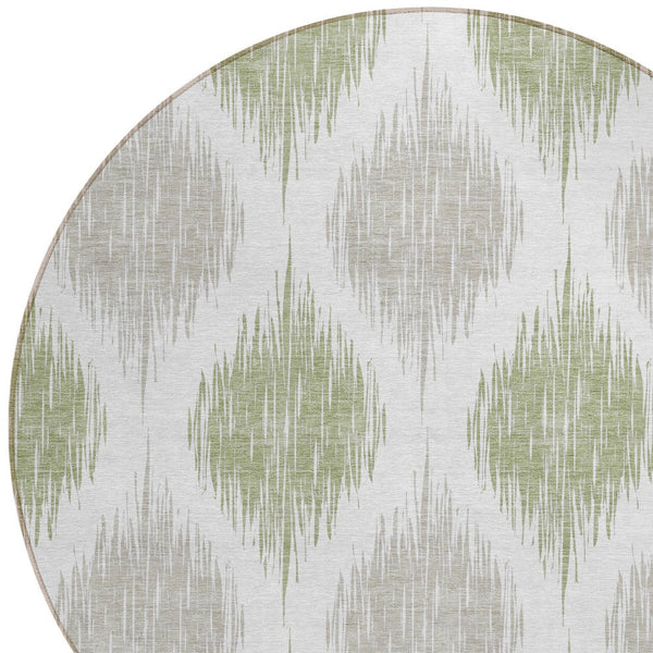 Homeroots 3' Stylish Artichoke Green Ivory Gray Ikat Washable Area Rug For Indoor Outdoor Spaces, Durable Design 8' Round Polyester 589064