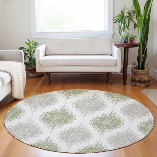 Homeroots 3' Stylish Artichoke Green Ivory Gray Ikat Washable Area Rug For Indoor Outdoor Spaces, Durable Design 8' Round Polyester 589064