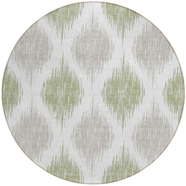 Homeroots 3' Stylish Artichoke Green Ivory Gray Ikat Washable Area Rug For Indoor Outdoor Spaces, Durable Design 8' Round Polyester 589064