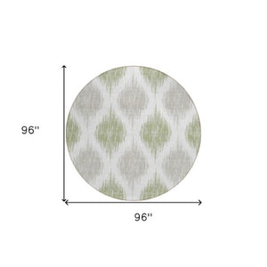Homeroots 3' Stylish Artichoke Green Ivory Gray Ikat Washable Area Rug For Indoor Outdoor Spaces, Durable Design 8' Round Polyester 589064