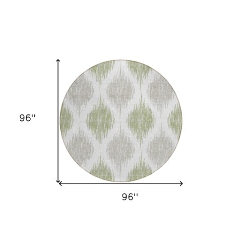 Homeroots 3' Stylish Artichoke Green Ivory Gray Ikat Washable Area Rug For Indoor Outdoor Spaces, Durable Design 8' Round Polyester 589064