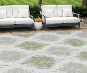 Homeroots 3' Stylish Artichoke Green Ivory Gray Ikat Washable Area Rug For Indoor Outdoor Spaces, Durable Design 8' X 10' Polyester 589065