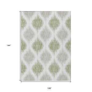 Homeroots 3' Stylish Artichoke Green Ivory Gray Ikat Washable Area Rug For Indoor Outdoor Spaces, Durable Design 9' X 12' Polyester 589066