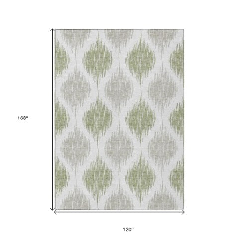 Homeroots 3' Stylish Artichoke Green Ivory Gray Ikat Washable Area Rug For Indoor Outdoor Spaces, Durable Design 10' X 14' Polyester 589067