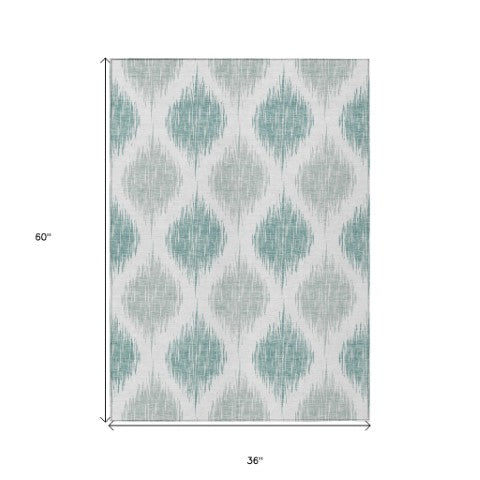 Homeroots 3' Stylish Artichoke Green Ivory Gray Ikat Washable Area Rug For Indoor Outdoor Spaces, Durable Design 3' X 5' Polyester 589068