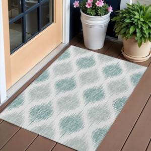 Homeroots 3' Stylish Artichoke Green Ivory Gray Ikat Washable Area Rug For Indoor Outdoor Spaces, Durable Design 3' X 5' Polyester 589068