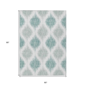 Homeroots 3' Stylish Artichoke Green Ivory Gray Ikat Washable Area Rug For Indoor Outdoor Spaces, Durable Design 5' X 8' Polyester 589069
