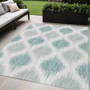 Homeroots 3' Stylish Artichoke Green Ivory Gray Ikat Washable Area Rug For Indoor Outdoor Spaces, Durable Design 5' X 8' Polyester 589069
